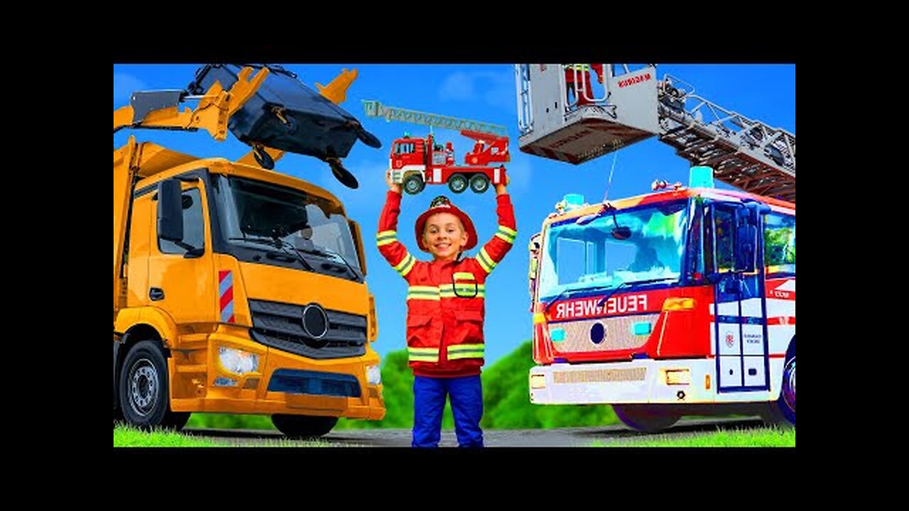 Kids Play with a Real Garbage Truck, Excavator & Fire Trucks!