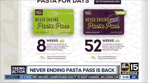 Olive Garden selling unlimited pasta pass again on Thursday