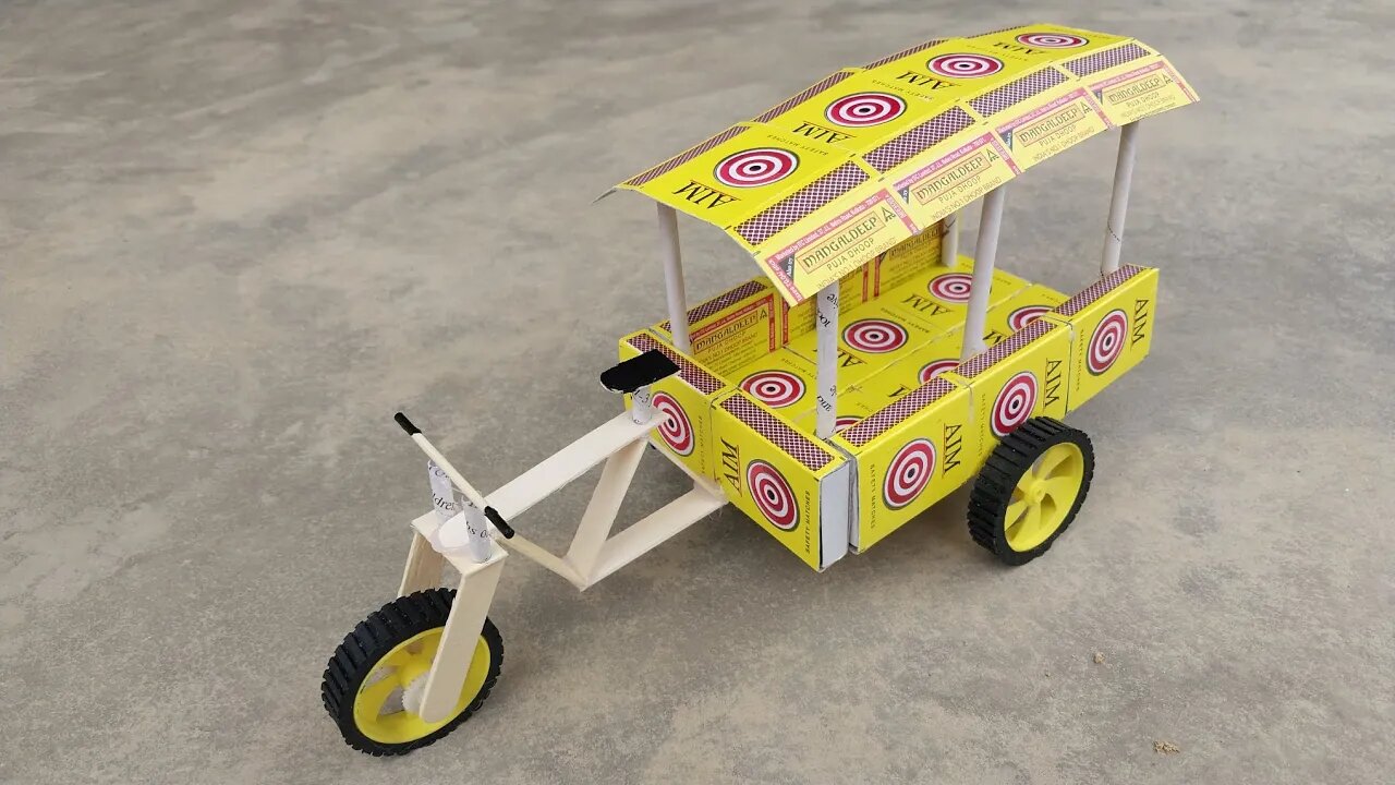 How to Make a Cycle Rickshaw at Home | DIY Matchbox Cycle Rickshaw | DC Motor and Battery