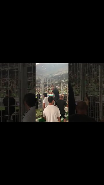 Éder Aleixo subindo no alambrado para comemorar o gol de Hulk nos minutos finais