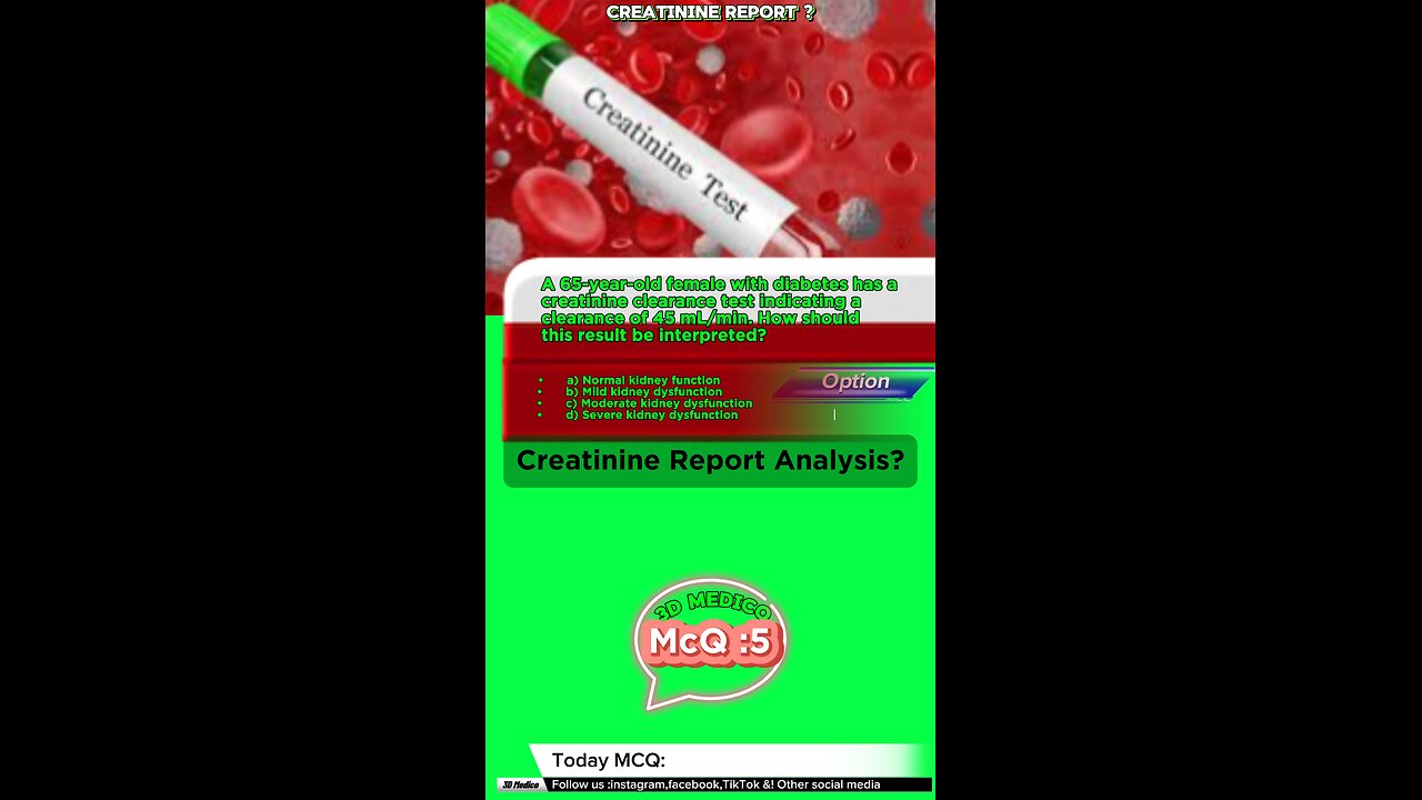 Creatinine report mcq : Creatinine level values #creatine #report #mcqs #LabResults #bloodtest #test