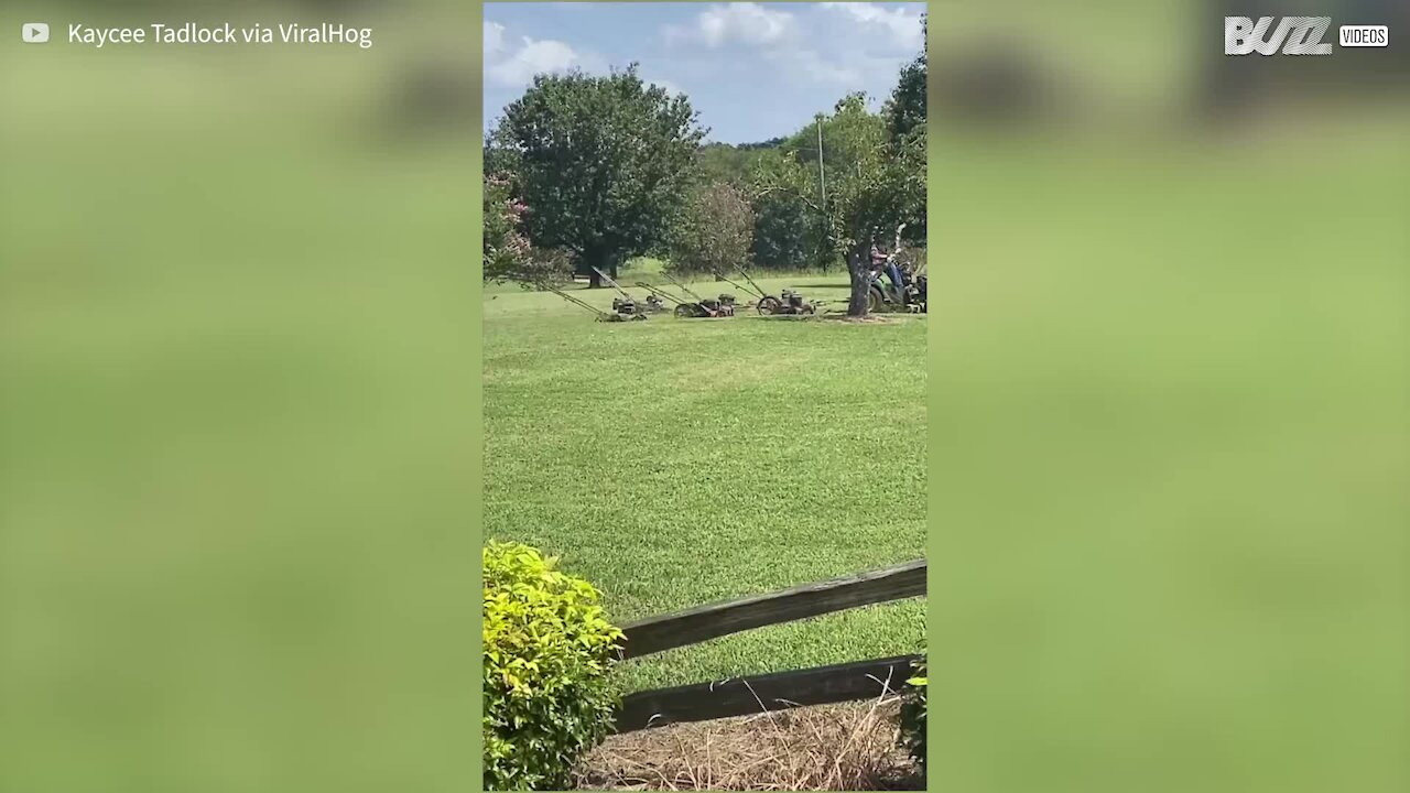 Man uses seven lawn mowers at the same time