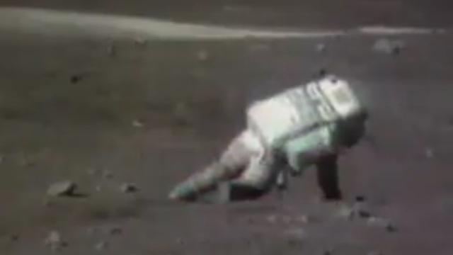 An astronaut fell on the moon surface during Apollo 16 mission 1972