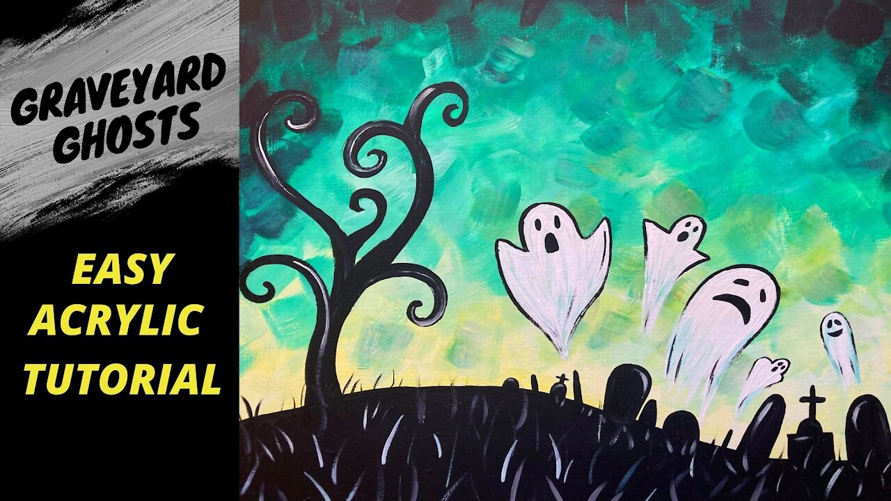 Graveyard Ghosts - Easy Halloween acrylic painting tutorial for beginners