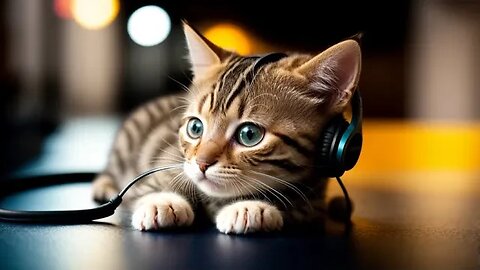 이어폰 끼고 음악듣는 귀여운 고양이 Cute cat listening to music with earphones