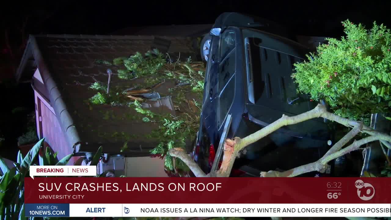SUV crashes and lands on the roof of a home