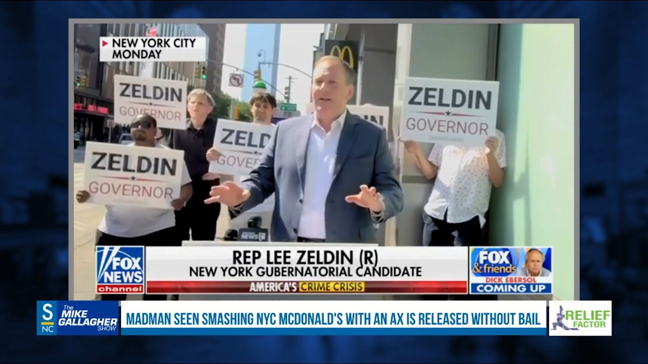 An axe-wielding maniac smashes up a New York City McDonalds in a fit of rage. Gubernatorial candidate Lee Zeldin speaks outside the location of the incident.