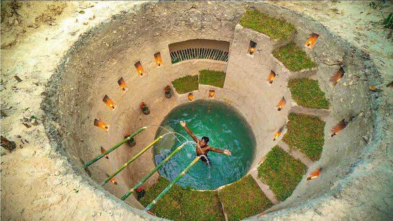 Build the most Secret Underground Slide House with Mini Pool by Ancient Skills