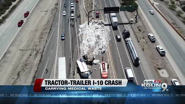 Tractor trailer with medical waste rolls on I-10