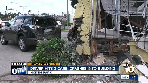 Driver hits 3 cars, crashes into building