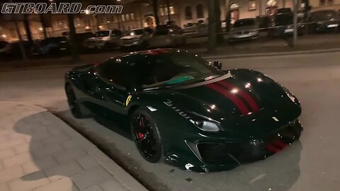 Dark green / red Ferrari 488 Pista with red stripes and F12 at Ferrari Stockholm Autoropa February