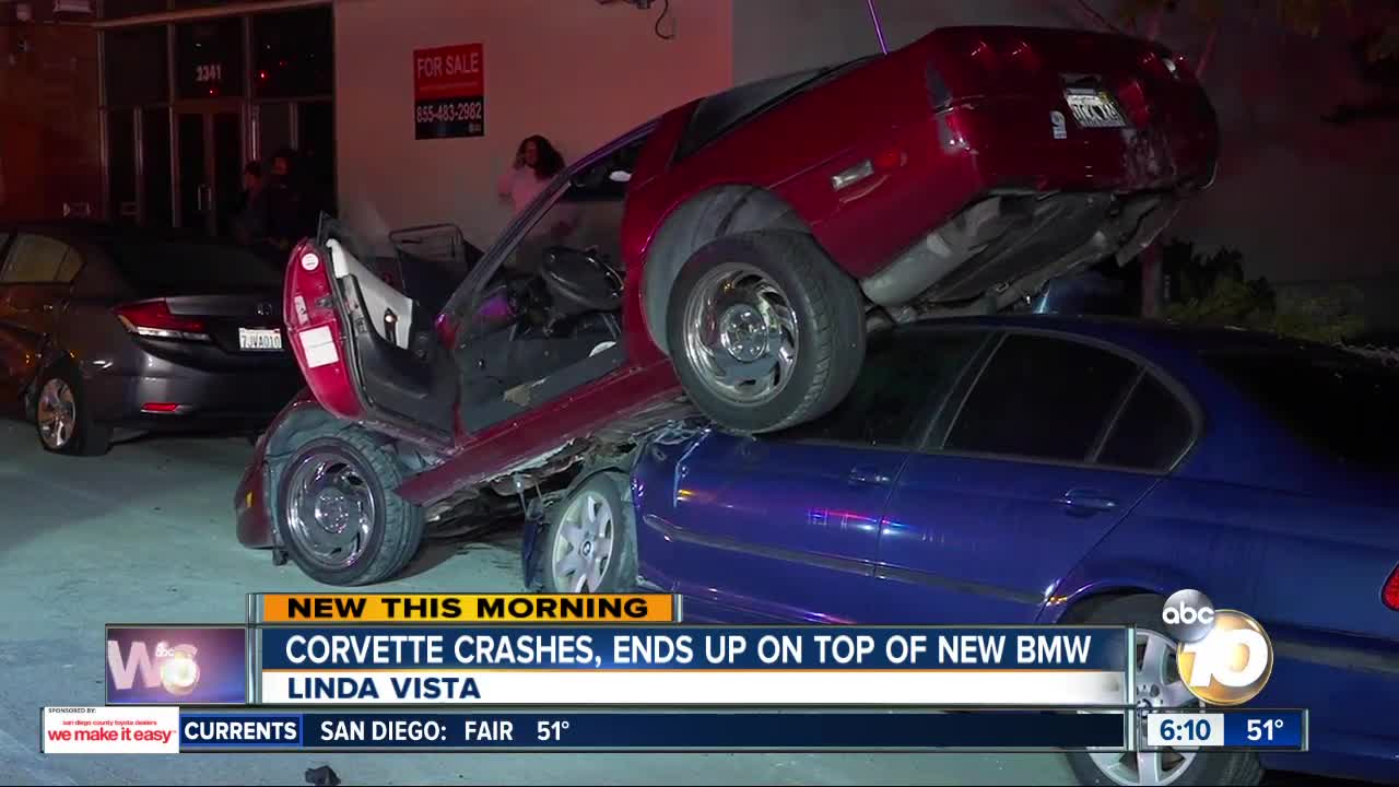 Corvette hits parked cars, ends up stuck on top of BMW