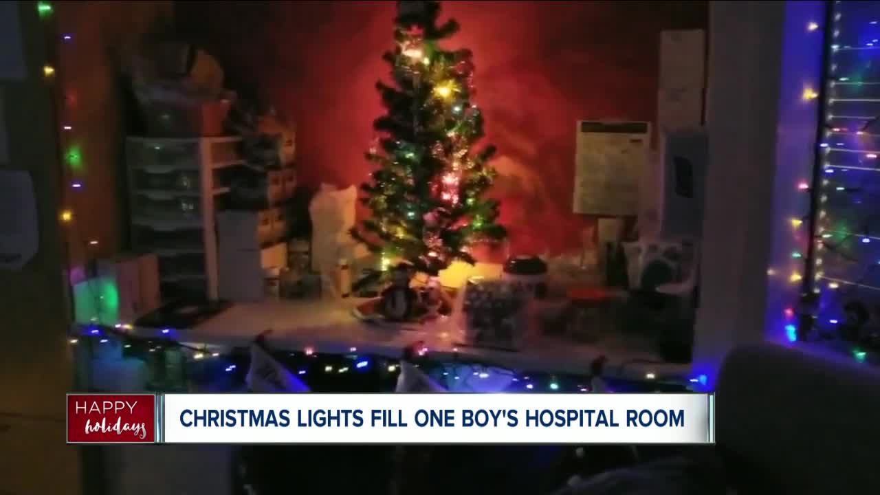 Christmas lights fill one boy's hospital room