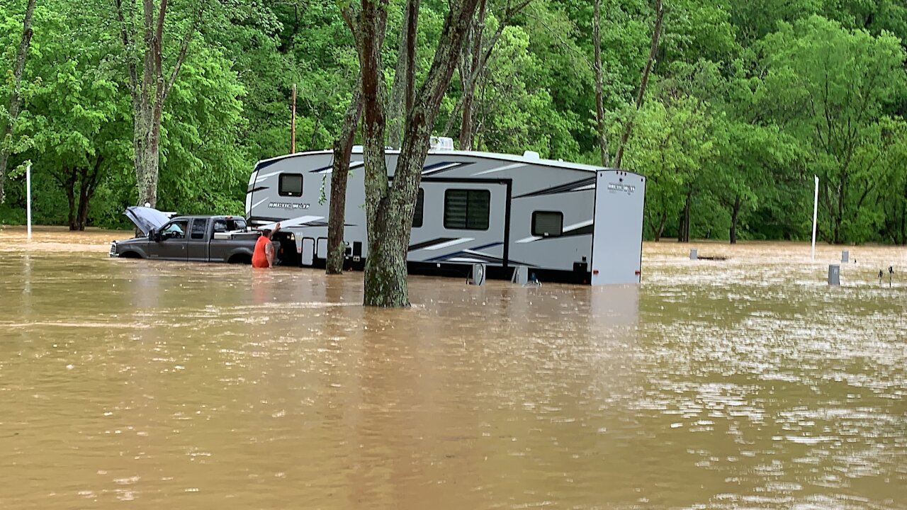 Ford Truck Pushes Camper out of flooded creek! Pigeon Forge, TN 5/4/21