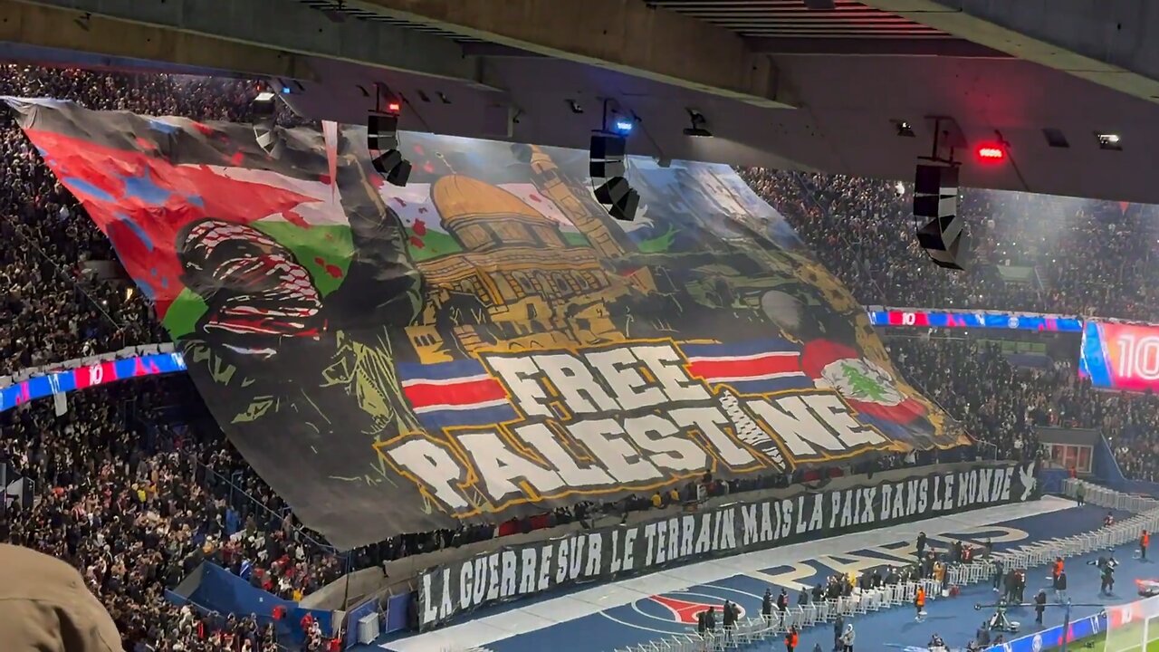 PSG Tifo “Free Palestine. War on the Field but Peace in the World" Before Atletico Madrid UCL Match