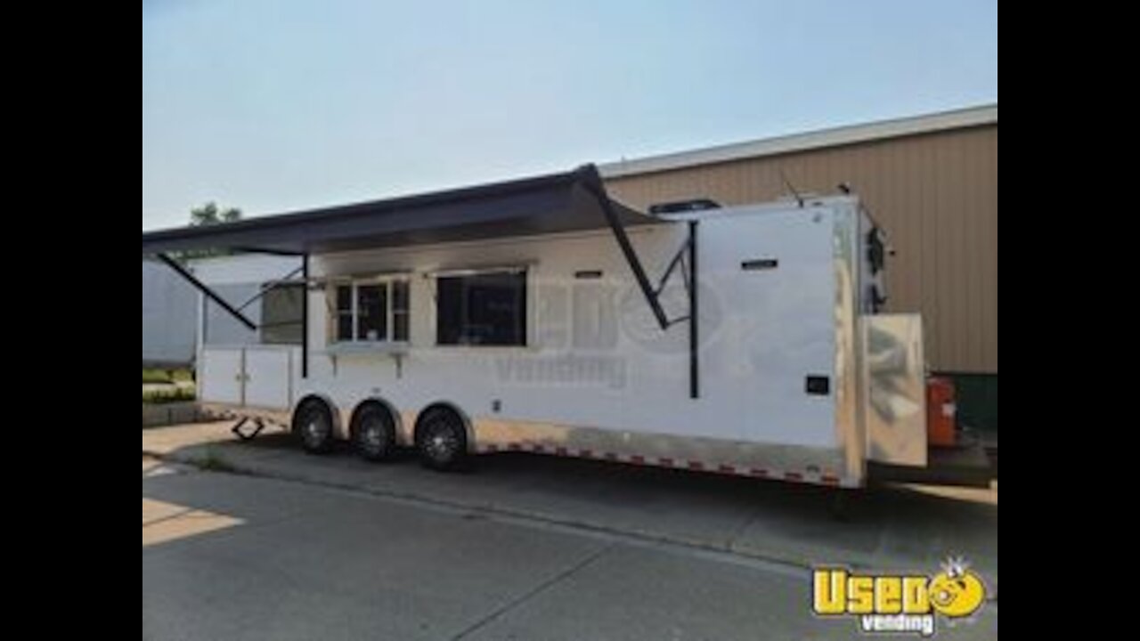 Impressive Lightly Used 2020 8.5' x 33' Commercial BBQ Trailer with Porch and Bathroom