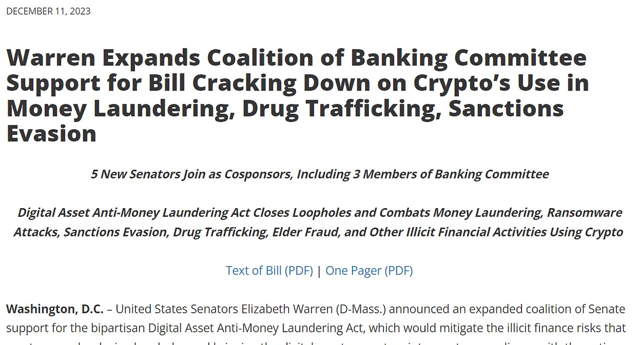Warren cracking down on crypto bill