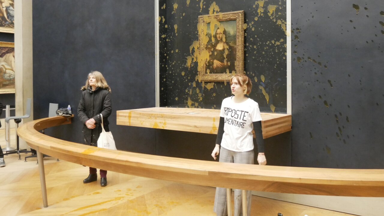 Climate Activists throw Soup at 'Mona Lisa' Painting in Paris, Louvre Museum