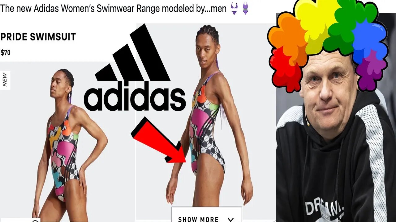 Adidas gets a MAN with HUGE BULGE to model Women's Swimsuits! Woke PRIDE Sports Wear is a thing?