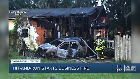 Car crashes into Riverview business causing fire to both, FHP searching for driver