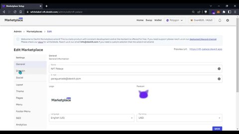 Setting up General section building your NFT marketplace. Step 2