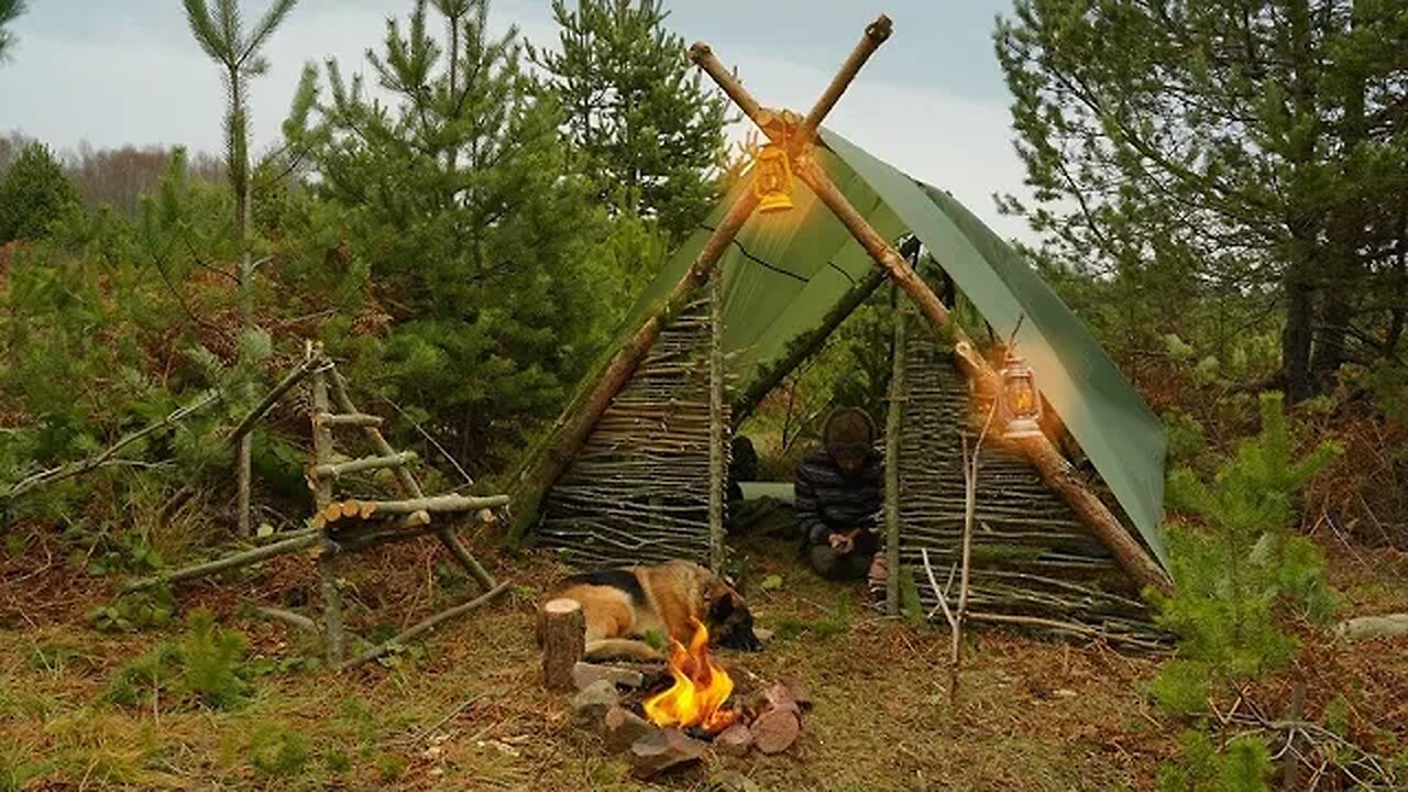 Building a Fast Survival Shelter in the Forest - Camping in Heavy Wind