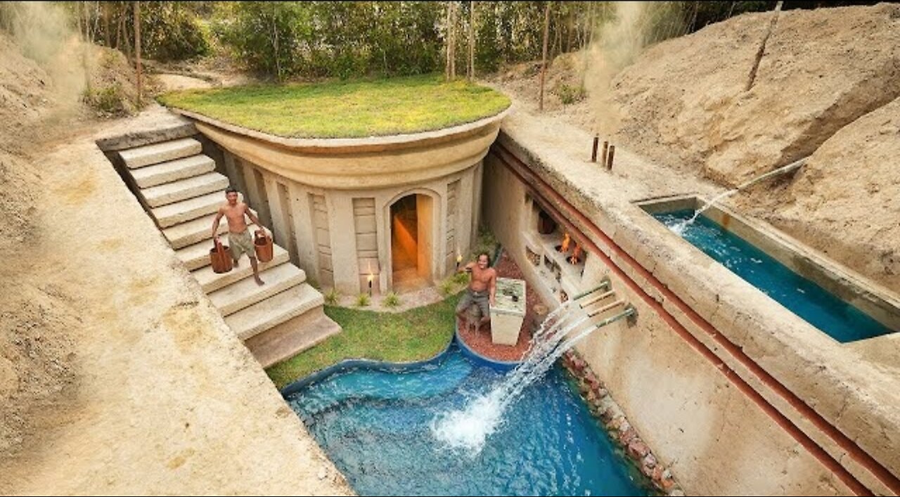100 Days Building A Modern Underground Hut With A Grass Roof And A Swimming Pool