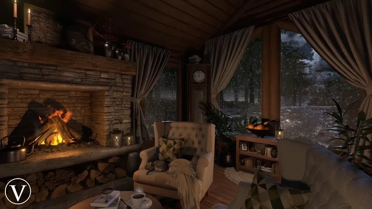 Cozy Cabin Fireplace | Night Rain Ambience | Log Fire & Thunderstorm Sounds