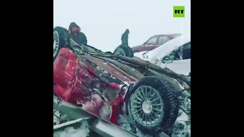 Heavy snowstorm causes MASSIVE road accident with 22 vehicles.