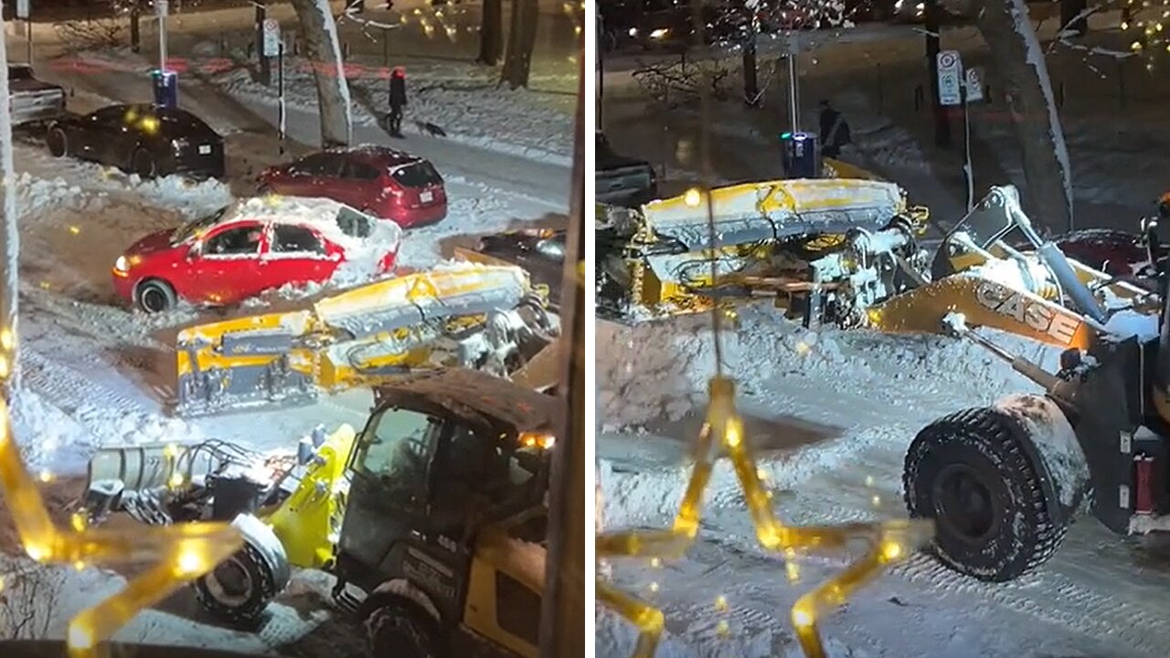 Snowplow gives a gentle push to a car stuck in a snow in Montreal