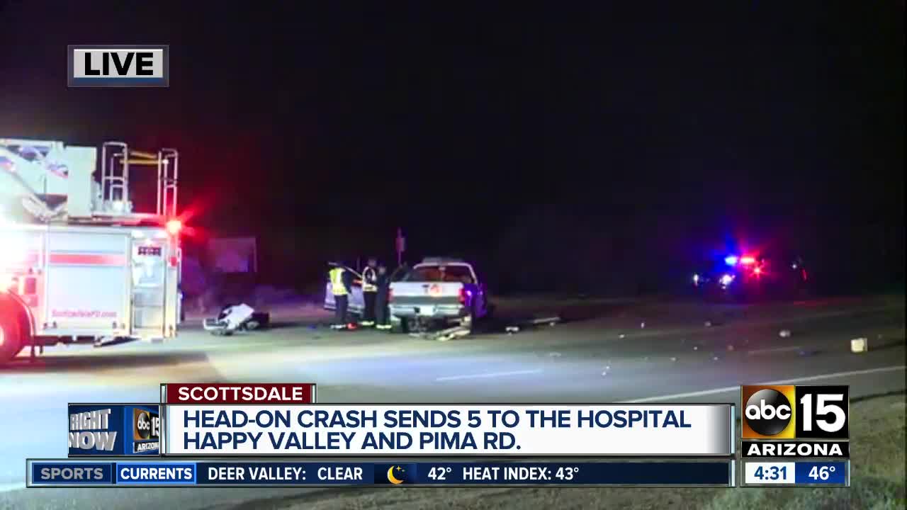 Head-on crashes sends 5 people to the hospital