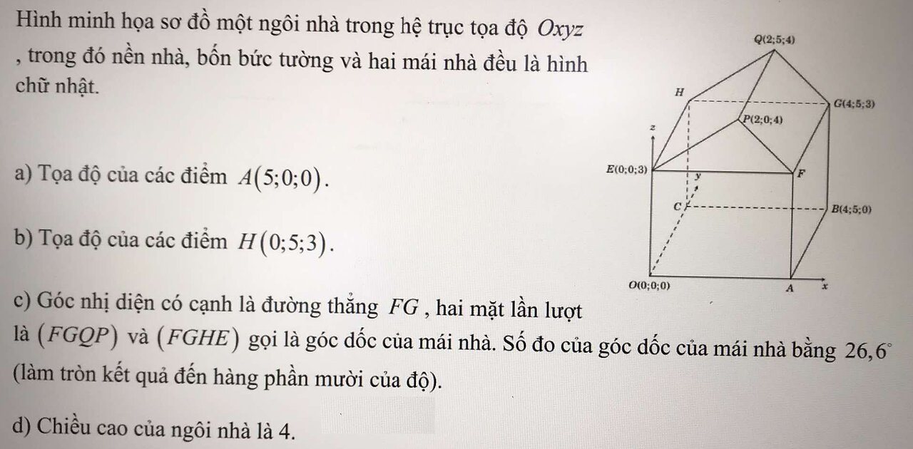 Toán 11: Hình minh họa sơ đồ một ngôi nhà trong hệ trục tọa độ Oxyz, trong đó nền nhà