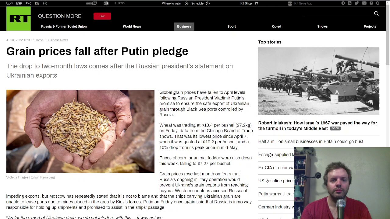 Grain prices fall after Putin promises to provide safe passage through the Black Sea ports