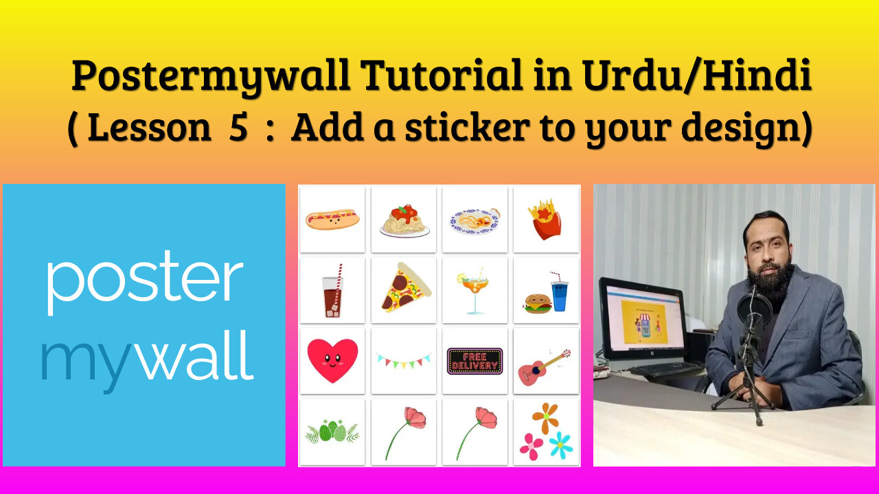 Lesson 5 : Add a sticker to your design Postermywall Tutorial in Urdu/Hindi