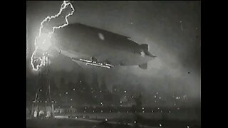 Zeppelin docked at a mooring mast, while lighting strikes.