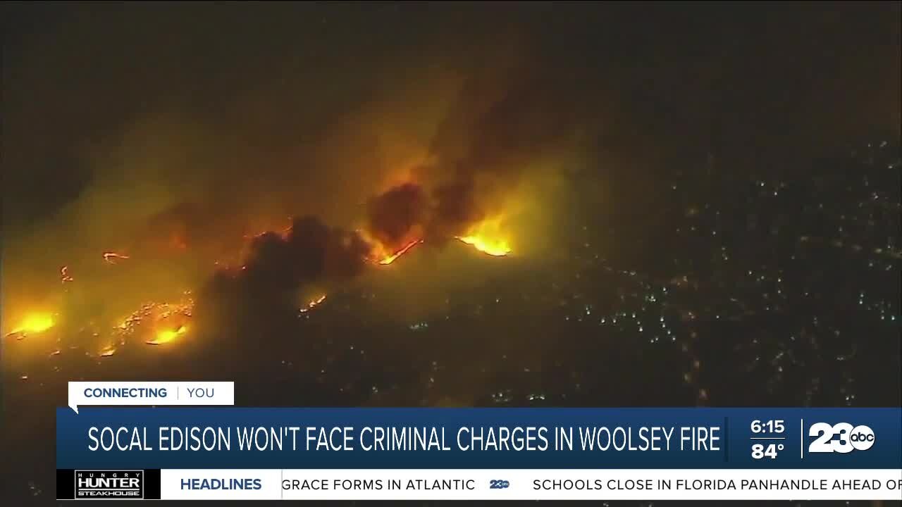 SoCal Edison won't face criminal charges in Woolsey Fire