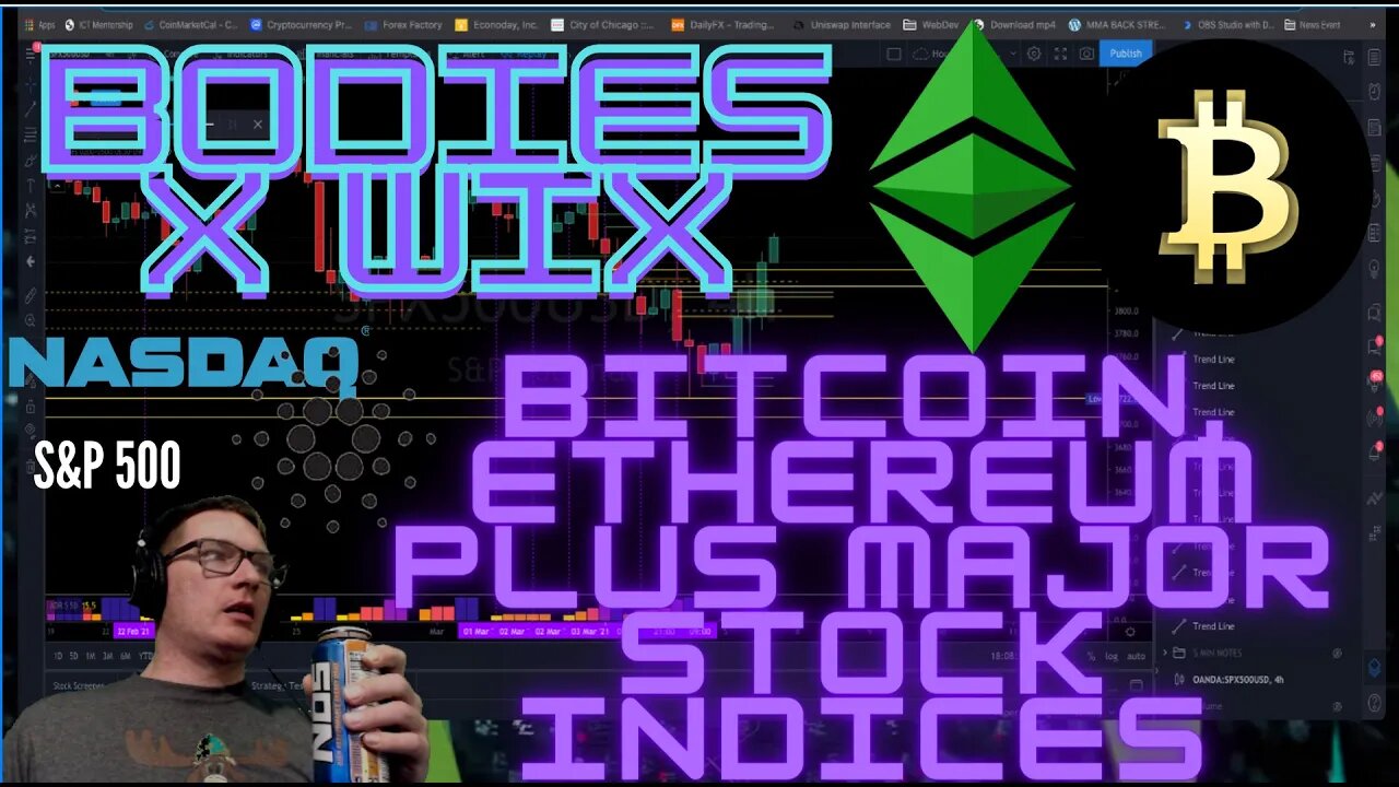 BITCOIN and Ethereum Live Trading. Plus. look at Stock Indices and What that would mean for Crypto