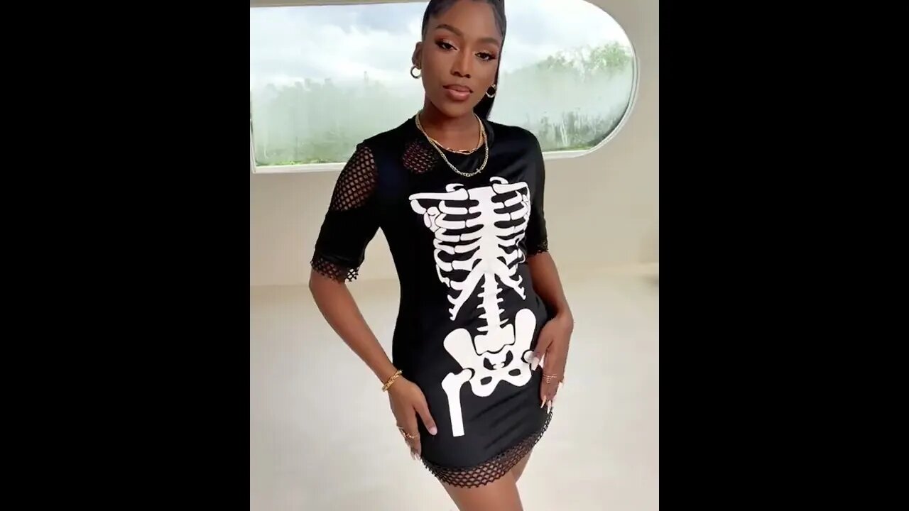 Halloween Fishnet Patch Skeleton Print T-Shirt Dress: link in the comment