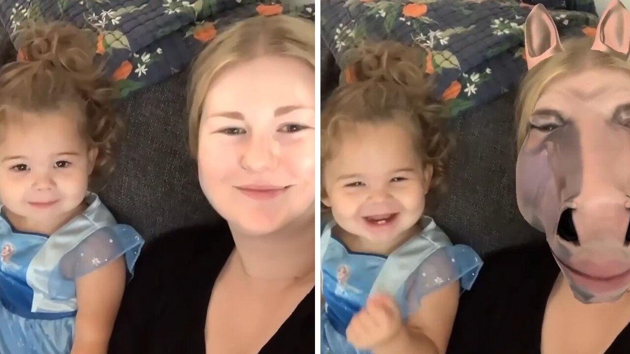 Toddler has precious reaction to 'horse face' video filter