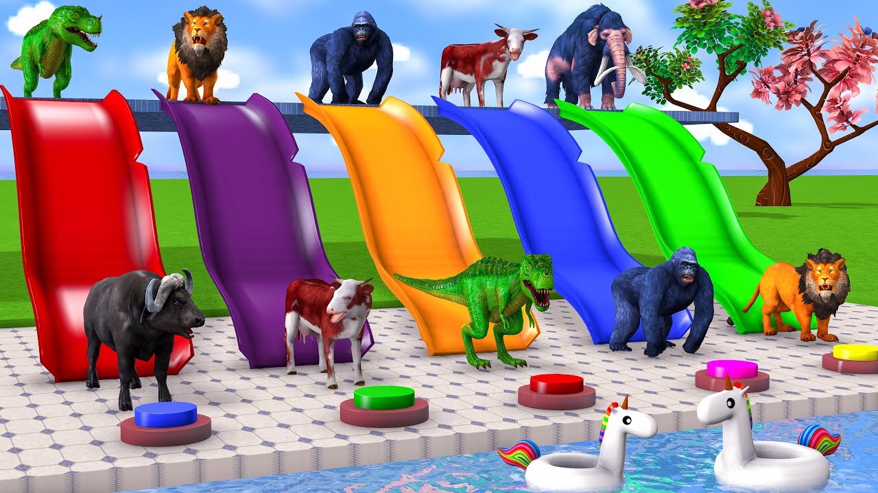 Choose The Right Button Slider Wild Animals Pool Game Cow Dinosaur Elephant Gorilla Game Funny Video