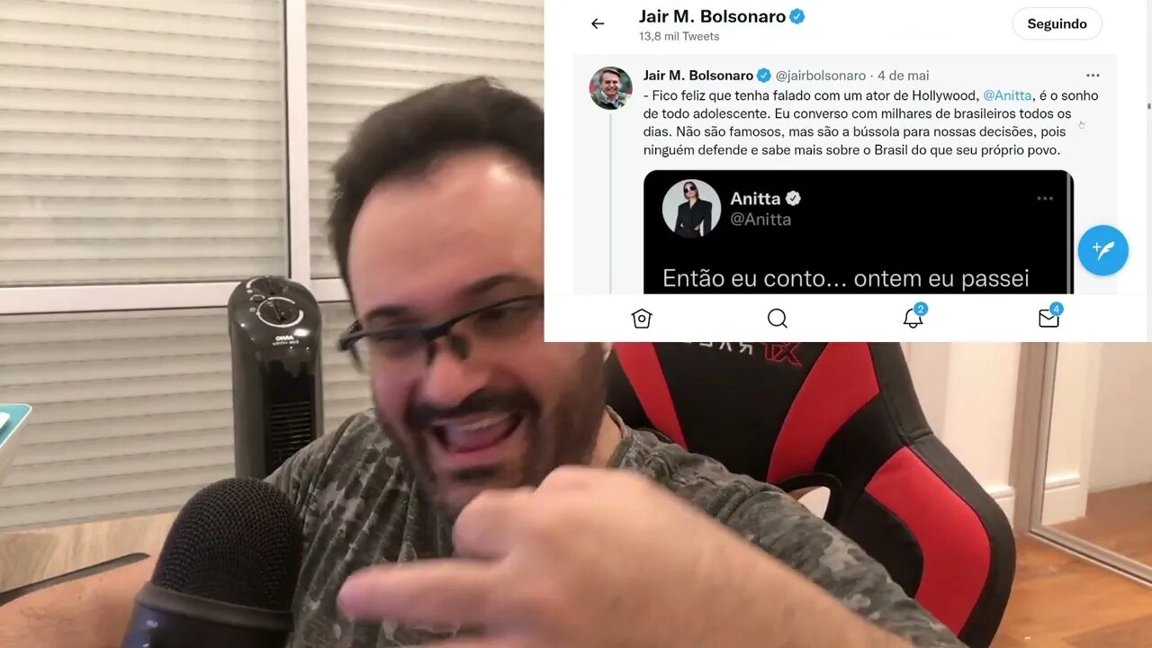 Resposta de Bolsonaro a Anitta foi tão genial que o Reinaldo Azevedo pediu para ela parar de lacrar
