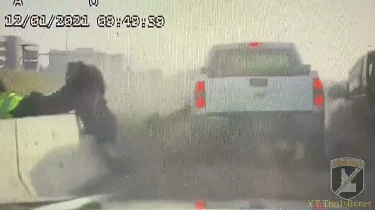 Idaho state trooper nearly rammed by pickup truck while helping stranded motorist