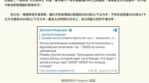 梅德韋傑夫：天然氣價格或年底達5000歐元/千立方米