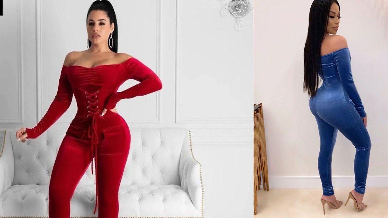 Off Shoulder Velvet Jumpsuit Women Long Sleeve Romper Bodycon Lace Up Sexy Ski