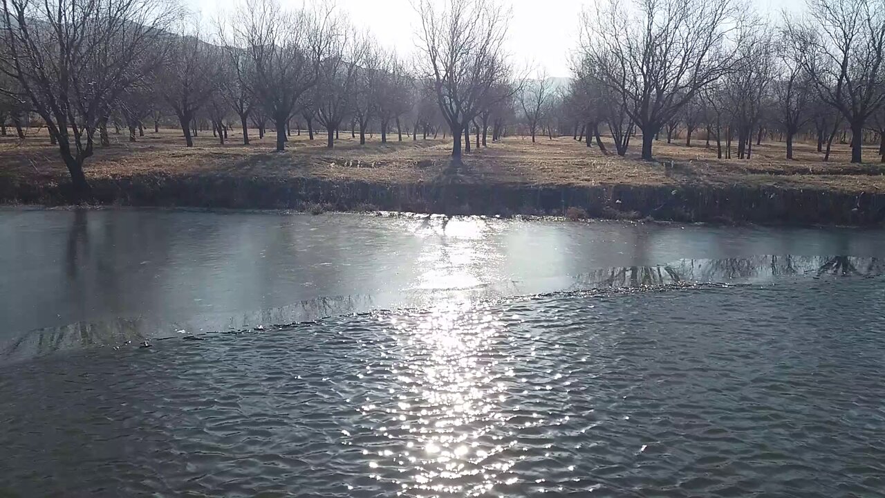 Ice freezes in winter lake.