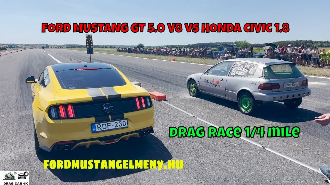 FORD MUSTANG GT 5.0 V8 vs HONDA CIVIC 1.8 drag race 1/4 mile ???? - 4K UHD