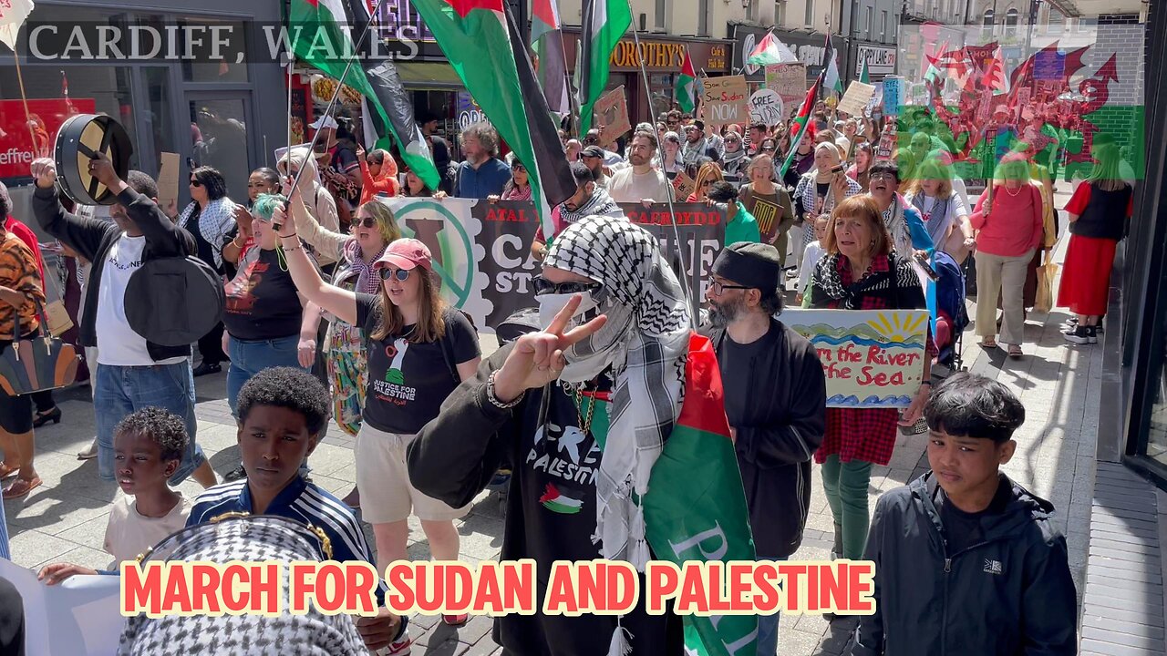 March for Sudan and Palestine. Central Library, Cardiff