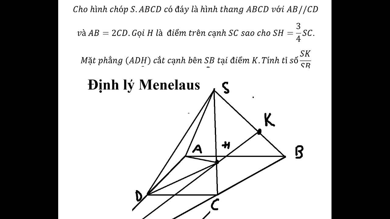 Toán 12: Định lý Menelaus: Cho hình chóp S.ABCD có đáy là hình thang ABCD với AB//CD