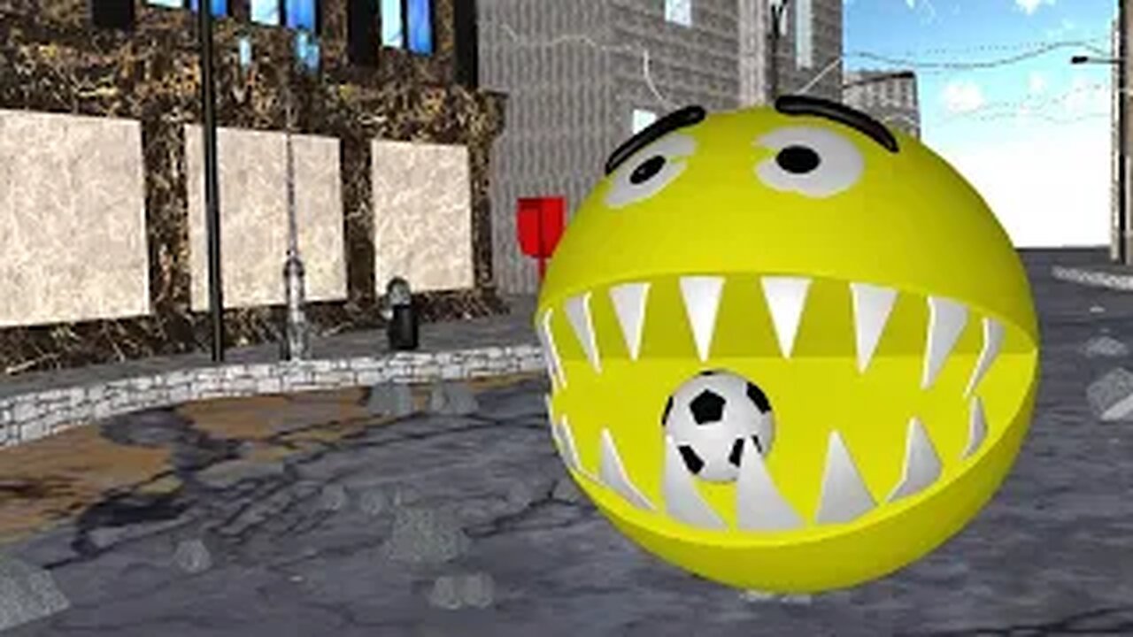 Robot Pacman plays football. Skeleton VS Ball King