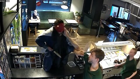 Man In Devil Mask With Knife Tries Robbing A Kitchen.